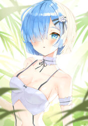  alternate_costume arm_strap bare_shoulders black_ribbon blue_eyes blue_hair blurry blush breasts cleavage collarbone day depth_of_field dopoing female flower hair_flower hair_ornament hair_over_one_eye hairclip heart heart-shaped_pupils highres leaf looking_at_viewer medium_breasts navel neck_ribbon outdoors parted_lips re:zero_kara_hajimeru_isekai_seikatsu rem_(re:zero) ribbon short_hair solo symbol-shaped_pupils upper_body white_flower 