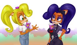  activision alternative_fashion anthro bandicoot beverage breasts clothing coco_bandicoot collar crash_(series) duo evil_coco female goth hair hands-free_bubble_tea hi_res mammal mario-grant marsupial meme overalls ponytail spiked_collar spikes square_crossover 