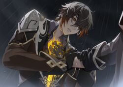  2boys black_gloves black_hair bleeding blood brown_hair chisuke_1104 cloud cloudy_sky commentary_request crack cracked_skin dark_clouds earrings eyes_visible_through_hair formal genshin_impact gloves hair_between_eyes hand_on_another&#039;s_arm hand_on_another&#039;s_chest injury jacket jewelry long_sleeves male_focus multicolored_hair multiple_boys open_clothes open_mouth rain ring single_earring sky tartaglia_(genshin_impact) tassel tassel_earrings water wet wet_clothes yellow_eyes zhongli_(genshin_impact) 