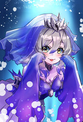  bare_shoulders black_background blue_dress blush detached_sleeves dress duel_monster female highres long_sleeves noppe short_hair skirt sleeves_past_wrists solo sparkle tearlaments_merrli tears tiara tongue tongue_out underwater veil white_hair white_skirt yellow_eyes yu-gi-oh! 