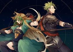  1boy achilles_(fate) ahoge animal_ears arm_strap armor atalanta_(fate) back-to-back blonde_hair boots breasts fate/apocrypha fate/grand_order fate_(series) female gloves gradient_hair green_eyes green_hair highres holding holding_polearm holding_weapon long_hair looking_at_viewer manly multicolored_hair nan_(nanyayyay) open_mouth pleated_skirt polearm puffy_short_sleeves puffy_sleeves short_sleeves skirt small_breasts spear thighhighs very_long_hair weapon yellow_eyes 