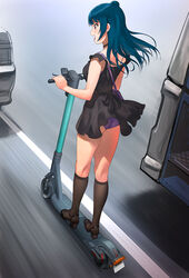  a1_(initial-g) ass black_dress black_footwear black_socks blue_hair bus car commentary dress female from_behind hair_bun high_heels highres kick_scooter kneehighs long_hair love_live! love_live!_sunshine!! motor_vehicle open_mouth panties pantyshot purple_panties red_eyes shoes short_dress single_hair_bun socks solo thighs tsushima_yoshiko underwear 