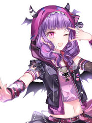  ;d \m/ alternate_hairstyle arm_belt arm_warmers asymmetrical_clothes badge bandaged_hand bandages bang_dream! belt black_jacket bow button_badge chains commentary_request crop_top cross-laced_clothes demon_hood demon_horns fake_horns female floral_print hairbow head_wings hood hood_up hooded_jacket horns jacket long_hair looking_at_viewer low_twintails midriff multicolored_hair nail_polish navel nennen one_eye_closed open_mouth pink_hair pink_nails pink_shirt polka_dot print_jacket purple_eyes purple_hair shirt simple_background skirt sleeveless sleeveless_jacket smile solo streaked_hair twintails udagawa_ako upper_body white_background wings 