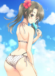  ass bare_arms bare_shoulders bikini blue_sky blush breasts brown_hair closed_mouth cowboy_shot day female flower food from_behind green_eyes hair_flower hair_ornament halterneck hibiscus highres holding holding_food kantai_collection long_hair looking_at_viewer looking_back minakami_nagara multi-strapped_bikini outdoors polka_dot polka_dot_bikini popsicle red_flower ribbon side-tie_bikini_bottom sky small_breasts smile solo swimsuit twintails white_bikini white_ribbon zuikaku_(kancolle) 