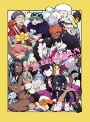  5girls 6+boys allister_(pokemon) asymmetrical_bangs bad_id bad_pixiv_id barefoot bea_(pokemon) bede_(pokemon) belly_chain black_choker black_hair black_hairband black_jacket blue_eyes bodysuit bodysuit_under_clothes brother_and_sister choker commentary_request curly_hair dark-skinned_female dark-skinned_male dark_skin dress earrings feather_boa feet freckles goomy gordie_(pokemon) gossifleur grey_hair hair_between_eyes hair_bun hair_over_one_eye hair_ribbon hairband hat hatenna highres hoop_earrings hug jacket jewelry kabu_(pokemon) knee_pads long_hair long_sleeves marnie_(pokemon) mask mature_female melony_(pokemon) milcery milo_(pokemon) morpeko morpeko_(full) mother_and_son multicolored_hair multiple_boys multiple_girls necklace nessa_(pokemon) oerba_yun_fang old old_woman on_head opal_(pokemon) open_clothes open_mouth piers_(pokemon) pink_dress pink_hair pokemon pokemon_(creature) pokemon_on_head pokemon_swsh raihan_(pokemon) red_ribbon ribbon rolycoly shirt short_hair short_sleeves shorts siblings single_hair_bun sinistea sizzlipede smile snom toes towel towel_around_neck two-tone_hair white_hair wooper yukin_(es) 