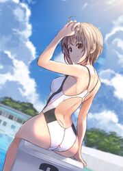  ass back backless_swimsuit blue_sky blurry blurry_background brown_eyes closed_mouth cloud cloudy_sky commentary_request competition_swimsuit crotch_seam day depth_of_field diving_block female from_behind hand_in_own_hair kiryuu_takahisa light_brown_hair looking_at_viewer looking_back one-piece_swimsuit original outdoors pool short_hair sitting sky smile solo swimsuit white_one-piece_swimsuit 