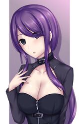  blue_eyes breasts cleavage cleavage_cutout clothing_cutout collar female full-length_zipper hair_over_one_eye head_tilt large_breasts long_hair looking_at_viewer low_ponytail official_alternate_costume purple_hair sidelocks solo soukitsu tsukuyomi_(under_night_in-birth) under_night_in-birth zipper 