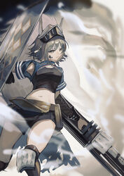  absurdres animal_ears arknights armpit_cutout armpits ashlock_(arknights) ashlock_(elite_ii)_(arknights) black_shirt black_shorts black_thighhighs breasts brown_eyes brown_hair clothing_cutout female highres holding holding_shield holding_weapon knee_pads looking_away looking_to_the_side material_growth medium_breasts midriff natsuba002 navel oripathy_lesion_(arknights) parted_lips shield shirt short_hair short_shorts short_sleeves shorts shrug_(clothing) smoke solo squirrel_ears squirrel_girl squirrel_tail standing tail thighhighs v-shaped_eyebrows visor_(armor) weapon 