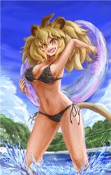  :d animal_ears arm_up armpits bare_arms bare_legs bare_shoulders big_hair bikini black_bikini blonde_hair breasts cleavage commentary day evyngr feet_out_of_frame female hair_between_eyes halterneck holding innertube kemono_friends lion_(kemono_friends) lion_ears lion_tail looking_at_viewer medium_breasts navel oerba_yun_fang open_mouth orange_eyes outdoors pool side-tie_bikini_bottom smile solo splashing stomach strap_gap swim_ring swimsuit tail teeth upper_teeth_only wading water wet 