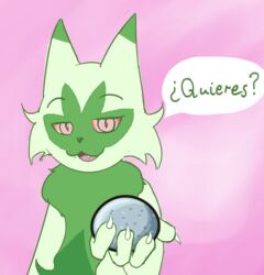  &iquest;quieres? 2022 anthro cherrybomb chest_tuft claws dialogue digital_media_(artwork) everstone felid feline felis floragato fur generation_9_pokemon green_body green_fur looking_at_viewer mammal meme nintendo pink_eyes pokemon pokemon_(species) red_eyes solo spanish_text substance_intoxication teeth_showing text translated tuft 