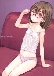  :o absurdres adjusting_eyewear arm_support bangs bare_shoulders blush brown_eyes brown_hair collarbone couch female flat_chest focke_wulf glasses hair_between_eyes highres leaning_back legs lolicon looking_at_viewer medium_hair midriff navel on_couch open_mouth original panties pink_panties red-framed_eyewear sitting sleeveless solo strap_slip tank_top underwear white_tank_top 