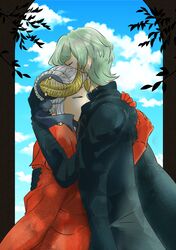  1boy absurdres black_cape black_gloves black_sleeves byleth_(fire_emblem) byleth_(male)_(fire_emblem) cape closed_eyes commentary_request double_bun edelgard_von_hresvelg enlightened_byleth_(male) fake_horns female fire_emblem fire_emblem:_three_houses gloves green_hair hair_bun highres horned_headwear horns hug red_cape red_gloves red_sleeves shiratsu_(white-seaside) straight tears white_hair 