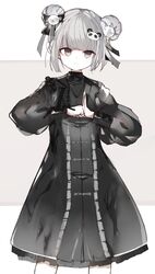  absurdres black_bow black_dress bow brown_eyes closed_mouth commentary_request double_bun dress female frilled_dress frills grey_background grey_hair hair_bun hair_ornament hairbow highres kotatu_(akaki01aoki00) long_sleeves looking_at_viewer original palm-fist_greeting panda_hair_ornament puffy_long_sleeves puffy_sleeves solo two-tone_background white_background 