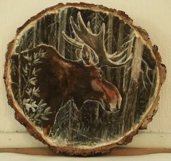  2010 antlers brown_body brown_fur bust_portrait deer detailed_background feral fur horn leaf log male mammal moose new_world_deer outside painting_(artwork) plant portrait side_view solo traditional_media_(artwork) tree tuomas_koivurinne wood 