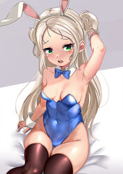  alternate_costume animal_ears arm_up armpits azur_lane bare_shoulders black_thighhighs blonde_hair blue_bow blue_bowtie blue_leotard blush bow bowtie breasts breasts_apart cameltoe covered_navel dedorudy detached_collar fake_animal_ears female green_eyes highres leotard long_hair looking_at_viewer medium_breasts open_mouth playboy_bunny rabbit_ears sidelocks sims_(azur_lane) sitting solo strapless strapless_leotard teeth thighhighs two_side_up upper_teeth_only wrist_cuffs 