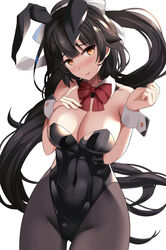  animal_ears azur_lane bare_shoulders black_hair black_leotard bow bowtie breasts brown_pantyhose cleavage covered_navel detached_collar fake_animal_ears female hand_on_own_chest highleg highleg_leotard highres large_breasts leotard long_hair onasuba orange_eyes pantyhose playboy_bunny ponytail rabbit_ears simple_background solo strapless strapless_leotard takao_(azur_lane) thigh_gap very_long_hair white_background wrist_cuffs 