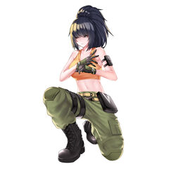  bare_shoulders befe blue_eyes blue_hair boots breasts camouflage camouflage_pants cleavage combat_boots commentary crop_top earrings female gloves highres jewelry leona_heidern midriff military military_uniform navel pants pouch simple_background snk soldier solo tank_top the_king_of_fighters the_king_of_fighters_xiv uniform white_background yellow_tank_top 