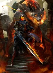  1boy animal armor artorias_the_abysswalker blue_cape breath_weapon breathing_fire burning cape cloud cloudy_sky commentary dark_souls_(series) dark_souls_i day debris embers english_commentary faceless fangs fire fire_body flaming_eyes flaming_sword flaming_weapon full_armor gauntlets glowing glowing_eyes great_grey_wolf_sif greaves grey_wolf helmet highres holding holding_sword holding_weapon kekai_kotaki knight light_rays looking_at_viewer monster outdoors oversized_animal ruins severed_arm severed_limb sharp_teeth shield sky stairs standing sunlight sword tail teeth torn_cape torn_clothes tree weapon wolf yellow_eyes 