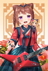  2girls :d alternate_hairstyle animal_ears arm_up bad_id bad_pixiv_id bang_dream! black_ribbon blue_skirt blush bow braid cat_ears chima_(clothes) cone_hair_bun double_bun electric_guitar fake_animal_ears floral_background flower guitar hair_bun hair_flower hair_ornament hair_ribbon hairband hairbow ichigaya_arisa instrument jeogori_(clothes) korean_clothes long_sleeves looking_at_viewer lunacle mini_person minigirl multiple_girls nose_blush on_shoulder open_mouth photoshop_(medium) pink_bow pink_flower pink_ribbon red_flower ribbon rose_of_sharon skirt smile toyama_kasumi twintails v-shaped_eyebrows x_hair_ornament 