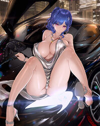  azur_lane bag blue_hair blue_nails breasts butterfly_doors car dress duplicate evening_gown feet female halter_dress halterneck handbag highres huge_breasts jewelry large_breasts looking_at_viewer mclaren mclaren_p1 mhk_(mechamania) motor_vehicle nail_polish necklace official_alternate_costume on_vehicle panties partially_visible_vulva photoshop_(medium) pixel-perfect_duplicate purple_eyes revealing_clothes silver_dress sitting solo sports_car st._louis_(azur_lane) st._louis_(luxurious_wheels)_(azur_lane) underwear 