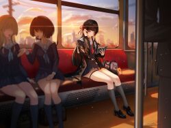  3girls arm_cutout bag bag_charm black_hair black_jacket black_serafuku black_shirt black_shoes black_skirt black_socks book breasts charm_(object) chisa_(wuthering_waves) clothing_cutout commentary_request hair_ribbon hand_up highres holding holding_book jacket long_hair long_sleeves medium_breasts multiple_girls namipon_(wuthering_waves) neckerchief red_eyes red_neckerchief red_ribbon ribbon sailor_collar school_bag school_uniform serafuku shirt shoes signature sitting skirt socks solo_focus tacet_mark_(wuthering_waves) thigh_strap thighs train_interior utim white_sailor_collar wuthering_waves 