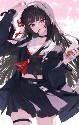  absurdres ajeu914 arm_cutout arm_up black_choker black_hair black_jacket black_serafuku black_shirt black_skirt bright_pupils chisa_(wuthering_waves) choker clothing_cutout collarbone commentary_request crop_top female fingernails food food_in_mouth hair_ribbon hand_up highres jacket long_hair long_sleeves looking_at_viewer neckerchief pocky pocky_in_mouth red_eyes red_neckerchief red_ribbon ribbon sailor_collar school_uniform serafuku shirt skirt solo tacet_mark_(wuthering_waves) thighs white_pupils white_sailor_collar wuthering_waves 