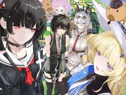  4girls abby_(wuthering_waves) absurdres bare_shoulders black_choker black_dress black_gloves black_hair black_horns black_shirt blonde_hair blue_sash breasts chisa_(wuthering_waves) choker closed_mouth collarbone commentary cross-laced_clothes cross-laced_dress curled_horns dress eyewear_on_head female_rover_(wuthering_waves) gloves grey_dress grey_hair hair_between_eyes hair_ornament hashtag-only_commentary hat highres horns hyaui_kazuki large_breasts long_hair looking_at_viewer medium_breasts mole mole_under_eye multiple_girls namipon_(wuthering_waves) neckerchief necktie phoebe_(wuthering_waves) red_eyes red_neckerchief red_necktie rover_(wuthering_waves) sailor_collar sash shirt sleeveless sleeveless_dress smile sunglasses sweater sweater_dress turtleneck turtleneck_dress white_hat white_sailor_collar wuthering_waves x_hair_ornament yellow_eyes zani_(downtown_repose)_(wuthering_waves) zani_(wuthering_waves) 