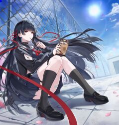  absurdres arm_cutout black_choker black_hair black_jacket black_serafuku black_shirt black_shoes black_skirt black_socks blue_sky breasts bright_pupils chain-link_fence chisa_(wuthering_waves) choker clothing_cutout commentary day female fence food hair_ribbon highres holding holding_food holding_pocky jacket knees_together_feet_apart long_hair long_sleeves medium_breasts neckerchief on_roof outdoors pink_petals pocky red_eyes red_neckerchief red_ribbon ribbon sailor_collar school_uniform serafuku shirt shoes sitting skirt sky socks solo ssong990 tacet_mark_(wuthering_waves) white_pupils white_sailor_collar wind wuthering_waves 