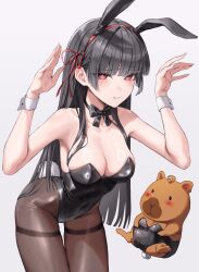  absurdres alternate_costume animal_ear_hairband animal_ears bare_shoulders black_hair black_leotard black_pantyhose blush breasts bright_pupils chisa_(wuthering_waves) closed_mouth commentary fake_animal_ears female hair_ribbon hairband hand_up highres kin_(wdng_25) large_breasts leotard long_hair looking_at_viewer mole mole_under_eye namipon_(wuthering_waves) pantyhose playboy_bunny rabbit_ear_hairband rabbit_ears red_eyes red_ribbon ribbon thighs very_long_hair white_pupils wuthering_waves 