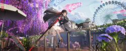  absurdres black_hair black_jacket black_serafuku black_shirt black_shoes black_skirt black_socks blue_sky chinese_commentary chisa_(wuthering_waves) commentary_request day female ferris_wheel hair_ribbon hand_up highres holding holding_sword holding_weapon jacket long_hair looking_to_the_side neckerchief rain_sama red_eyes red_neckerchief red_ribbon ribbon sailor_collar school_uniform serafuku shirt shoes skirt sky socks sword thigh_strap thighs weapon white_sailor_collar wind wuthering_waves 