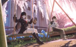 2girls absurdres black_choker black_dress black_hair black_jacket black_shirt black_shoes black_skirt black_socks chisa_(wuthering_waves) choker closed_eyes closed_mouth commentary dress dutch_angle english_commentary fading finger_to_mouth flower gloves hair_ribbon highres jacket long_hair long_sleeves looking_at_another multiple_girls namipon_(wuthering_waves) neckerchief on_swing one_eye_closed outdoors red_neckerchief red_ribbon ribbon sailor_collar shirt shoes shushing signature sitting skirt socks sumika_(wuthering_waves) swing swing_set thigh_strap thighs twitter_username white_gloves white_jacket white_sailor_collar wisteria wuthering_waves yasuki27 