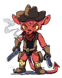  4:5 anthro bandana boots cigar clothing cowboy_hat demon footwear gloves gremile_&#039;hotshot&#039; gun handgun handwear hat headgear headwear imp kerchief kings_of_hell male pistol ranged_weapon red_body red_eyes smoking solo ukeling7 weapon yellow_sclera 