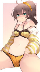  absurdres ahoge bikini bikini_top_only blush brown_hair commentary_request female fuuen_(akagaminanoka) green_eyes groin hair_ornament hair_scrunchie highres hololive jacket natsuiro_matsuri natsuiro_matsuri_(matsuri&#039;s_day_off) navel off_shoulder official_alternate_costume ponytail scrunchie sitting sleeves_past_wrists smile solo strap_slip striped_clothes striped_jacket sweat swimsuit tan tanlines virtual_youtuber yellow_bikini yellow_jacket 