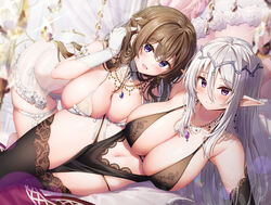  2girls :d absurdres all_fours bed black_dress black_gloves black_panties black_thighhighs blurry blurry_background blush breast_press breasts brown_hair canopy_bed circlet cleavage closed_mouth dress elbow_gloves gem gloves hair_between_eyes highres indoors jewelry kuria_(clear_trip_second) large_breasts long_hair looking_at_viewer lying multiple_girls navel necklace non-web_source on_bed on_side open_mouth original panties pointy_ears purple_eyes revealing_clothes sidelocks smile thigh_strap thighhighs underwear white_dress white_gloves white_hair white_panties 