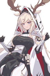  absurdres antlers_through_headwear arknights black_dress black_gloves blue_eyes blush breasts closed_mouth dress ears_through_headwear female gloves hair_between_eyes hands_up highres hood hood_up hooded_jacket jacket large_breasts light_brown_hair lolifreak open_clothes open_jacket pantyhose partially_fingerless_gloves simple_background smile solo translation_request viviana_(arknights) white_background white_jacket white_pantyhose 