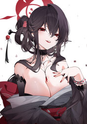  absurdres bare_shoulders black_choker black_hair black_kimono blue_archive breasts choker cleavage female fingernails goth_fashion hair_ornament hair_stick halo highres japanese_clothes kimono kokuriko_(blue_archive) lace-trimmed_choker lace_trim large_breasts looking_at_viewer nail_polish parted_lips red_eyes red_lips revision simple_background solo upper_body white_background yukineko1018 