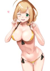  ;d ahoge alternate_costume bent_v bikini blush breasts brown_hair cleavage collarbone double_v female front-tie_bikini_top front-tie_top hamita1220 heart highres idolmaster idolmaster_cinderella_girls large_breasts looking_at_viewer navel one_eye_closed ponytail sato_shin side-tie_bikini_bottom sidelocks simple_background smile solo stomach swimsuit thigh_gap v white_background yellow_bikini 