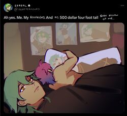  2boys 500_dollar_four_foot_tall_mareep_(meme) bare_back bed dakimakura_(object) english_text ezreal green_hair heartsteel_(league_of_legends) heartsteel_ezreal heartsteel_kayn highres hugging_object indoors kayn_(league_of_legends) league_of_legends looking_up lying male_focus meme multicolored_hair multiple_boys on_back orange_eyes pillow pillow_hug pink_hair poster_(object) purple_hair sudo_(pseudostars) twitter two-tone_hair 