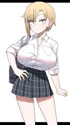  akitokage bag black_bag black_skirt blonde_hair breasts collared_shirt female hand_on_own_hip highres large_breasts original partially_unbuttoned plaid plaid_skirt school_bag school_uniform shadow shirt short_hair skirt solo white_shirt yellow_eyes yellow_nails 