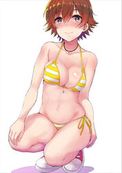  alternate_costume bikini blush breasts brown_hair cleavage closed_mouth collarbone commentary_request female groin hair_between_eyes halterneck hand_on_own_knee honda_mio idolmaster idolmaster_cinderella_girls looking_at_viewer medium_breasts navel nose_blush partial_commentary shiroyukimajima shoes side-tie_bikini_bottom simple_background skindentation smile sneakers solo squatting stomach string_bikini striped_bikini striped_clothes swimsuit two-tone_bikini white_background yellow_bikini 