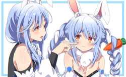  2girls animal_ear_fluff animal_ears bare_shoulders black_leotard black_shirt blue_hair braid breasts carrot carrot_hair_ornament cheek_poking cleavage coat_dress commentary_request detached_sleeves don-chan_(usada_pekora) dress food-themed_hair_ornament fur_scarf hair_between_eyes hair_ornament highres hololive leotard long_hair looking_at_another mature_female mother_and_daughter multicolored_hair multiple_girls orange_eyes pekomama poking rabbit-shaped_pupils rabbit_ears rabbit_girl shirt short_eyebrows small_breasts strapless strapless_leotard symbol-shaped_pupils thick_eyebrows tomotomo_(awai) twin_braids two-tone_hair usada_pekora usada_pekora_(1st_costume) virtual_youtuber white_background white_dress white_hair 