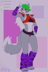  2023 2:3 absurd_res andy_234 breasts canid canine canis clothed clothing digital_media_(artwork) female five_nights_at_freddy&#039;s five_nights_at_freddy&#039;s:_security_breach green_hair hair hi_res long_hair mammal paws roxanne_wolf scottgames solo steel_wool_studios white_hair wolf 