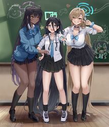  3girls absurdly_long_hair aqua_halo aris_(blue_archive) asuna_(blue_archive) black_choker black_footwear black_hair black_socks blue_archive blue_bow blue_bowtie blue_cardigan blue_eyes blue_halo blue_necktie blush bow bowtie breasts cardigan chalkboard choker classroom cleavage collared_shirt dark-skinned_female dark_skin doodle_sensei_(blue_archive) full_body grin gyaru hair_over_one_eye halo indoors karin_(blue_archive) kogal large_breasts light_brown_hair long_hair long_sleeves looking_at_viewer multiple_girls necktie open_mouth purple_halo rectangular_halo school_uniform sensei_(blue_archive) shirt shoes skirt smile smodzz998 socks very_long_hair white_footwear white_shirt yellow_eyes yuuka_(blue_archive) 