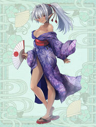  :d bare_shoulders blue_kimono breasts cleavage dark-skinned_female dark_skin female fireworks_print folding_fan full_body green_background grey_hair hair_intakes hand_fan holding holding_fan japanese_clothes kerberos_blade kimono kurutia_dorent large_breasts looking_at_viewer maki_(seventh_heaven_maxion) pointy_ears ponytail red_eyes sandals smile standing wide_sleeves zouri 