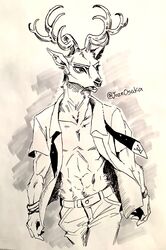  1boy abs animal_ears bare_pectorals beastars bracelet commentary_request deer_boy deer_ears furry furry_male highres jewelry jozeosaka louis_(beastars) male_focus monochrome multiple_bracelets necktie open_mouth pectorals toned toned_male twitter_username unbuttoned unbuttoned_shirt undone_necktie 