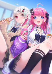  2girls :d absurdres ahoge airpods amesuku_gyaru black_nails black_scrunchie black_skirt black_socks blue_eyes blue_sky bow bowtie braid breasts brown_cardigan cardigan cat_hair_ornament collared_shirt commentary_request convenient_leg dress_shirt ear_bar ear_piercing earbuds earphones earrings eating french_braid gradient_hair green_nails grey_eyes grey_hair gyaru hair_ornament hair_scrunchie hairbow hairclip heart heart_ahoge heterochromia higashikata_kou highres ishigami_nozomi jacket jewelry kneehighs kogal kuramochi_meruto kuramochi_meruto_(school_uniform) long_hair long_sleeves looking_at_viewer looking_back loose_bowtie medium_breasts midriff miniskirt multicolored_hair multiple_girls multiple_necklaces necklace nijisanji off_shoulder official_alternate_hairstyle open_clothes open_jacket open_mouth piercing pink_bow pink_hair plaid plaid_bow plaid_bowtie pleated_skirt polka_dot polka_dot_bow purple_bow purple_bowtie purple_hair purple_jacket railing red_eyes school_uniform scrunchie shirt side_braid sitting skirt sky sleeves_past_wrists smile socks spiked_ear_piercing streaked_hair tied_shirt virtual_youtuber white_shirt wireless_earphones yuri zipper 