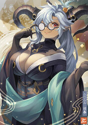  adjusting_eyewear black_gloves black_horns black_kimono breasts cleavage commentary_request curled_horns dark-skinned_female dark_skin dragon_horns fediel_(granblue_fantasy) fediel_(soul_soother&#039;s_finery)_(granblue_fantasy) female glasses gloves granblue_fantasy grey_hair highres horns huge_breasts japanese_clothes kimono long_hair looking_at_viewer messy_hair new_year oerba_yun_fang pointy_ears purple_eyes round_eyewear skeleton_print smile solo tall_female very_long_hair yuiko_(yuiyuiko_108) 