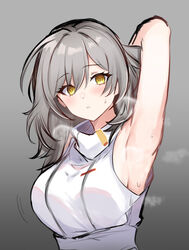  armpits arms_up breasts breath female grey_hair hair_between_eyes highres honkai:_star_rail honkai_(series) large_breasts mini2chainz open_mouth presenting_armpit solo stelle_(honkai:_star_rail) stelle_(world_tour_2023)_(honkai:_star_rail) trailblazer_(honkai:_star_rail) two-tone_eyes yellow_eyes 