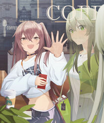  2girls :d absurdres alter_sang black_choker black_shorts blush brown_hair cafe cellphone choker cup disposable_coffee_cup disposable_cup fangs girls&#039;_frontline green_eyes green_hair green_hairband green_jacket hair_between_eyes hairband hand_up highres holding holding_phone jacket long_hair long_sleeves looking_at_viewer midriff multiple_girls navel one_side_up open_clothes open_jacket open_mouth phone shirt shorts sitting smile star-shaped_pupils star_(symbol) symbol-shaped_pupils teeth ump40_(girls&#039;_frontline) ump40_(moon_river)_(girls&#039;_frontline) ump45_(corona_sunset)_(girls&#039;_frontline) ump45_(girls&#039;_frontline) upper_teeth_only waving white_shirt 