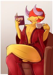  absurd_res anthro asmodeus_(kings_of_hell) blush clothing colored_nails container cup demon femboy hair hair_over_eyes hi_res horn kings_of_hell male nails nobody_shapes pecs reading red_hair robe solo tea_cup yellow_body 